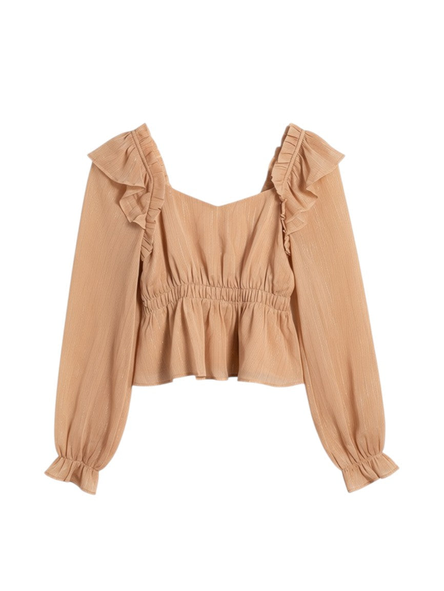 Beige Long Sleeve Ruffled Blouse with Peplum Detail