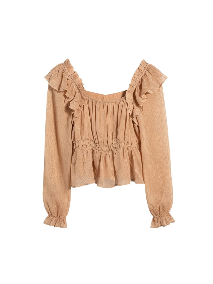 Beige Long Sleeve Ruffled Blouse with Peplum Detail