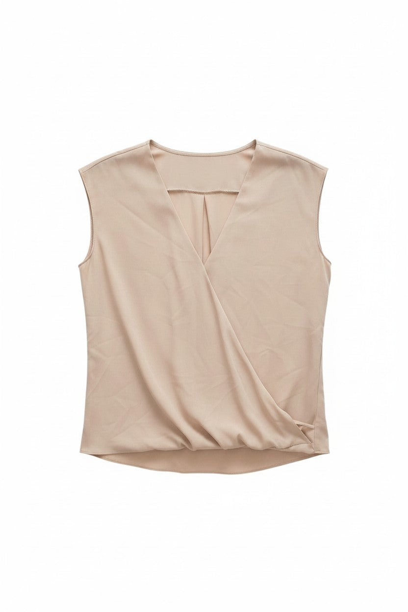 Beige Sleeveless Wrap Top with Gathered Detail