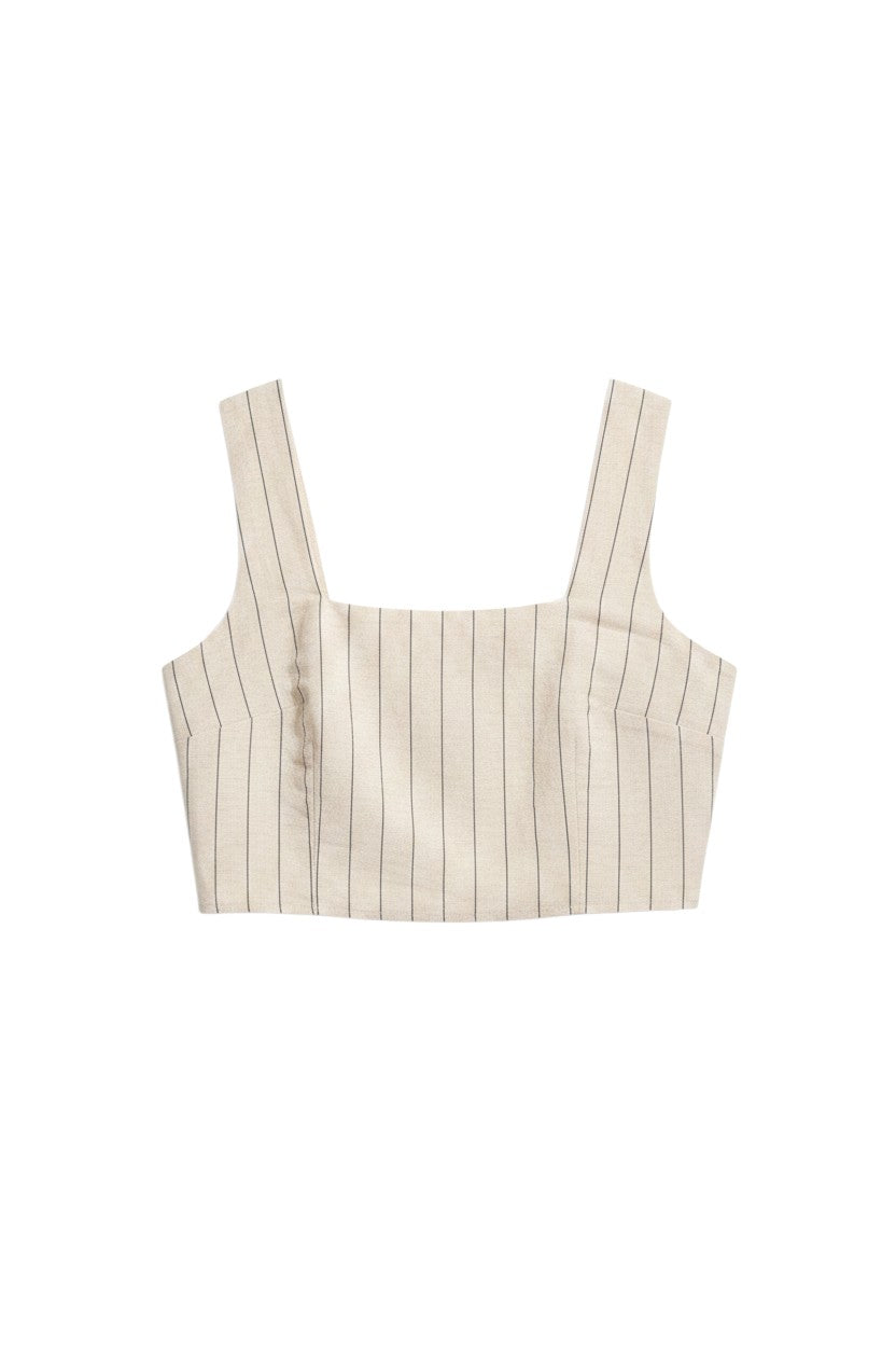 Beige Sleeveless Crop Top with Striped Detail