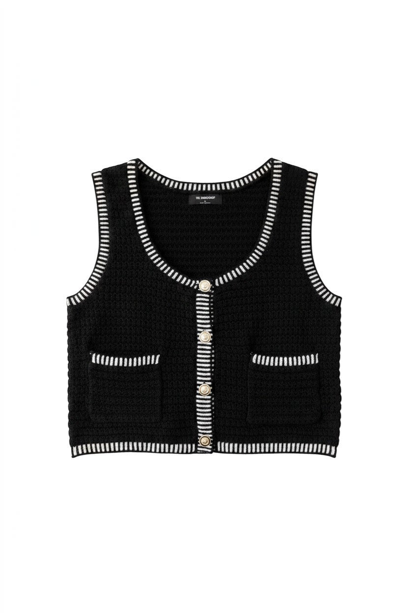 Black Cropped Knit Vest with Button Detail