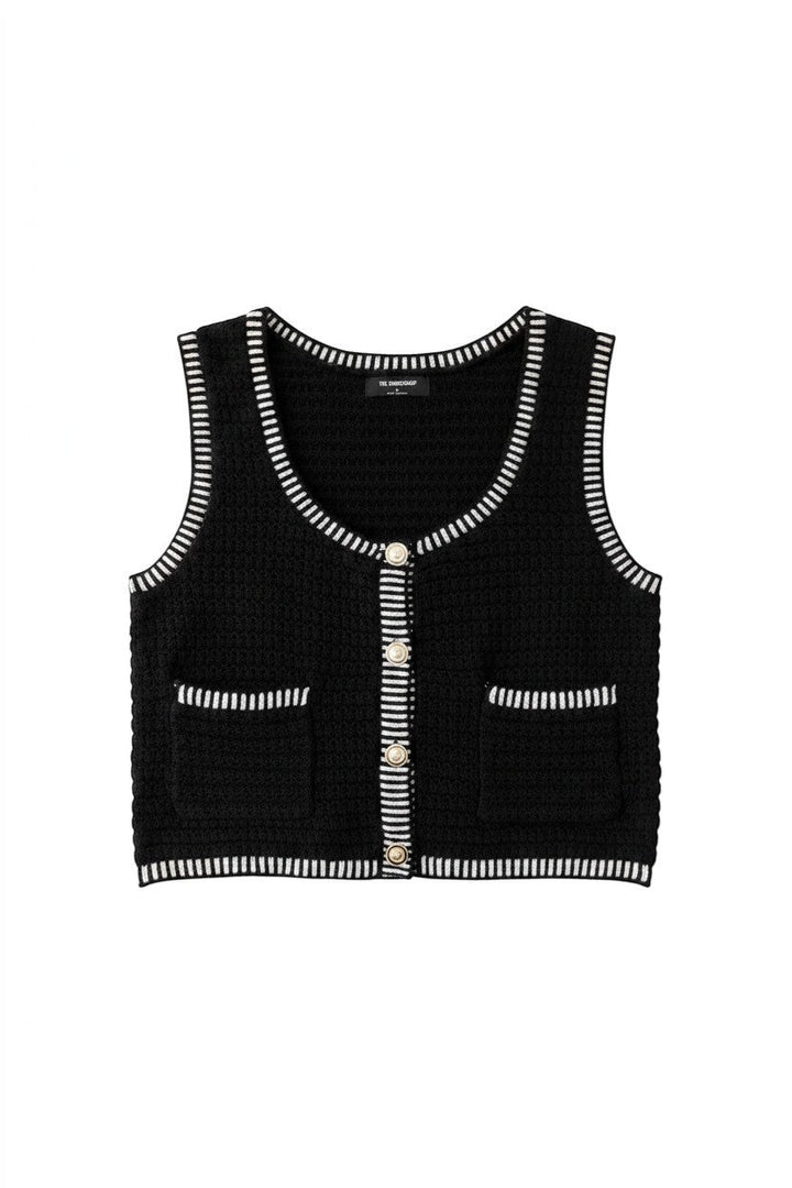 Black Cropped Knit Vest with Button Detail