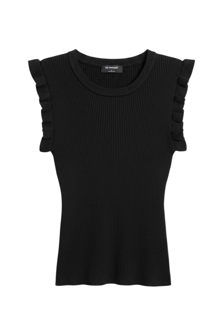 Black Ribbed Sleeveless Top with Ruffle Sleeves
