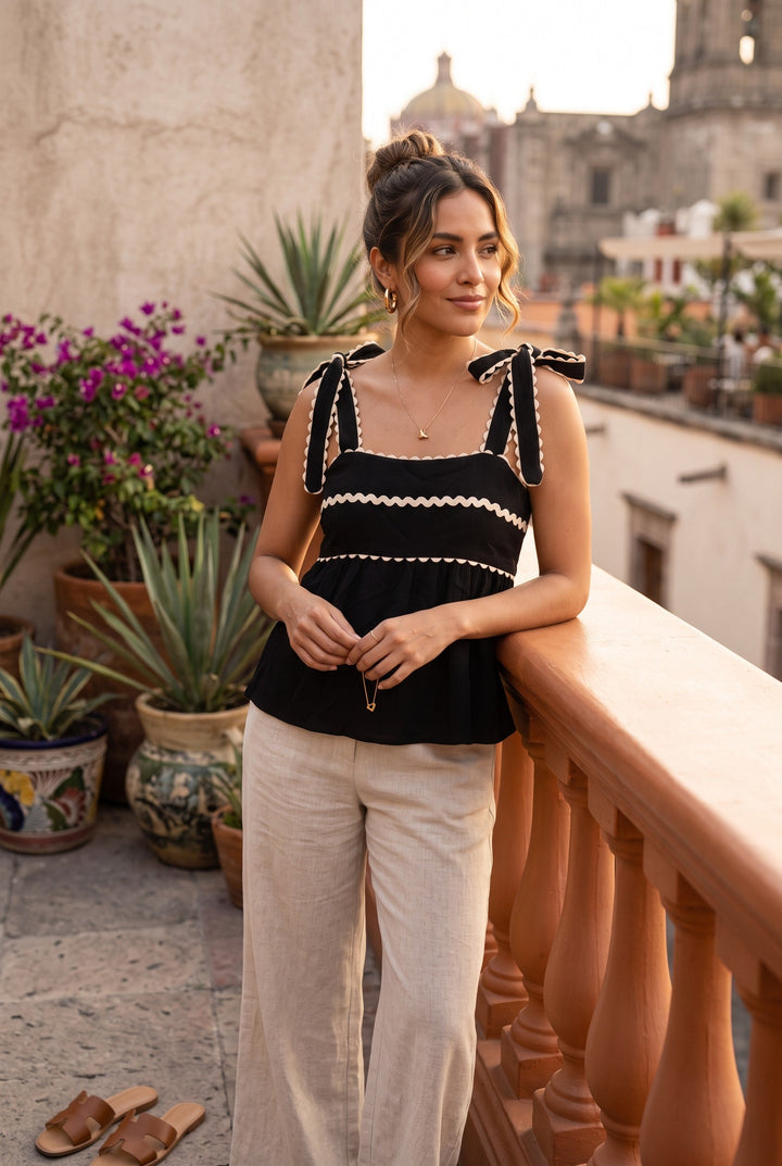 Black Spaghetti Strap Top with Ruffled Trim