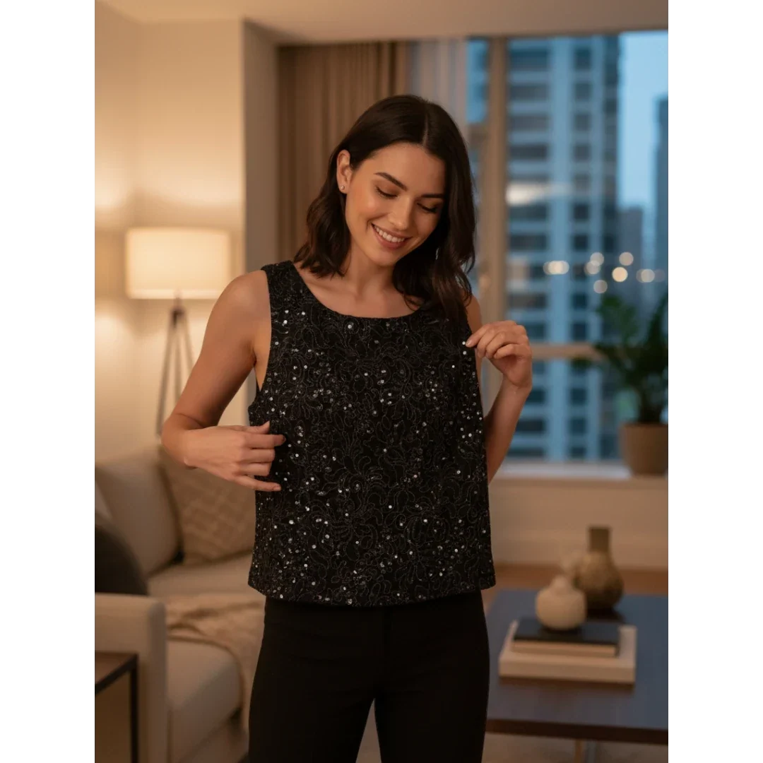 Black Sleeveless Sequin Top with Silver Pleated Skirt
