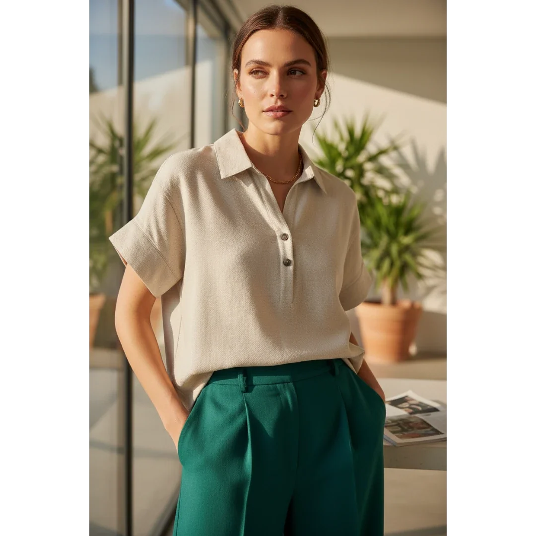 Cream Short Sleeve Button-Up Top with Collar