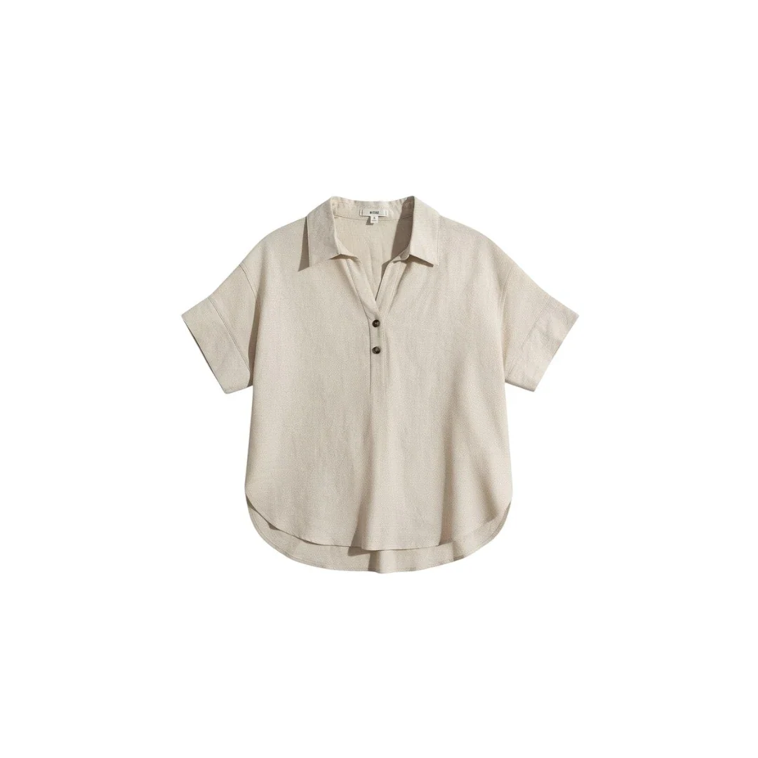 Cream Short Sleeve Button-Up Top with Collar