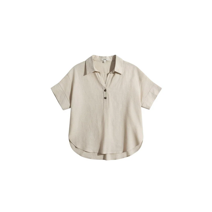 Cream Short Sleeve Button-Up Top with Collar