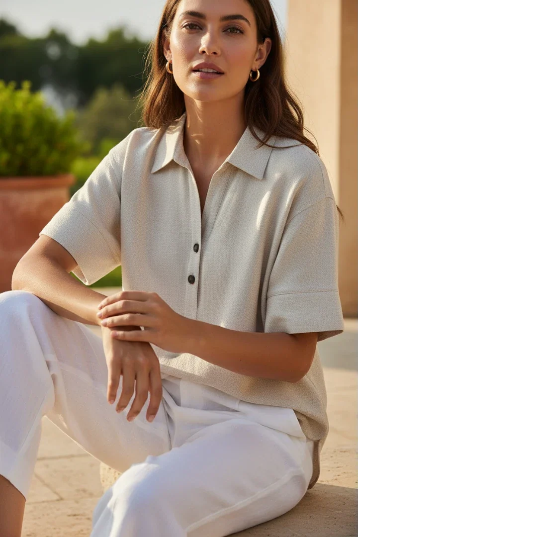 Cream Short Sleeve Button-Up Top with Collar