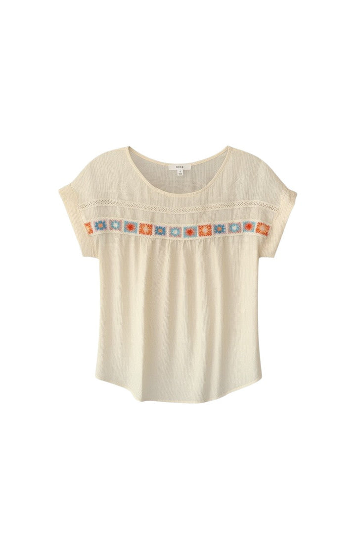 Cream Short Sleeve Top with Colorful Embroidery Detail
