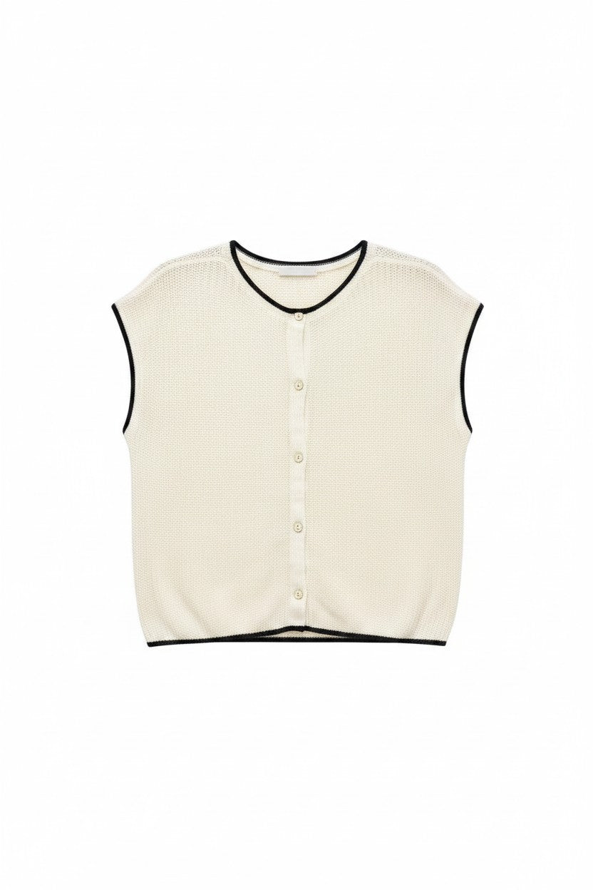 Cream Short Sleeve Knit Top with Button Detail