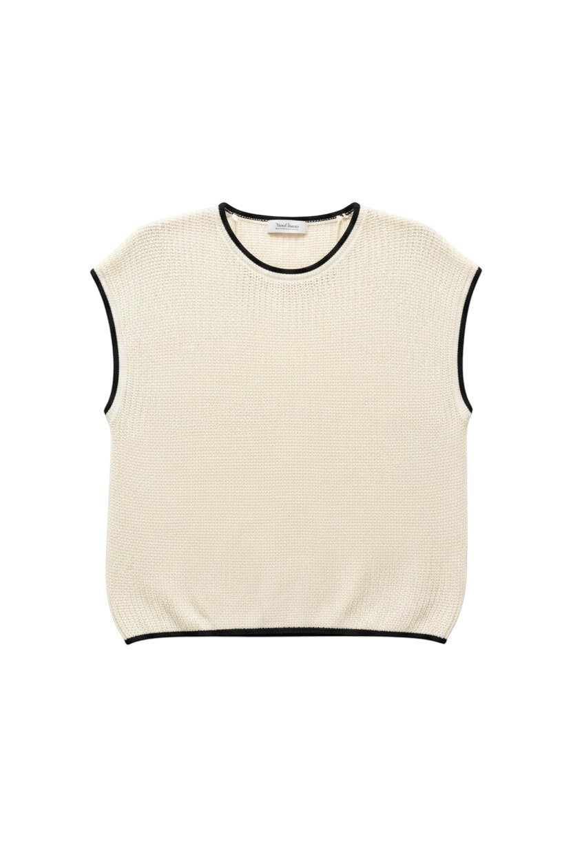 Cream Short Sleeve Knit Top with Button Detail