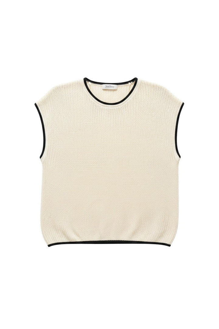 Cream Short Sleeve Knit Top with Button Detail
