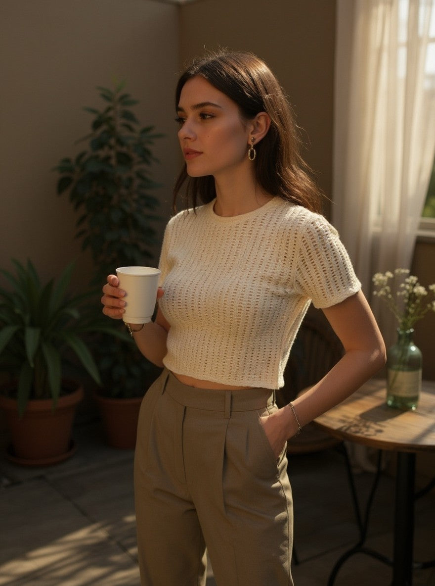 Cream Short Sleeve Crop Top with Knit Texture