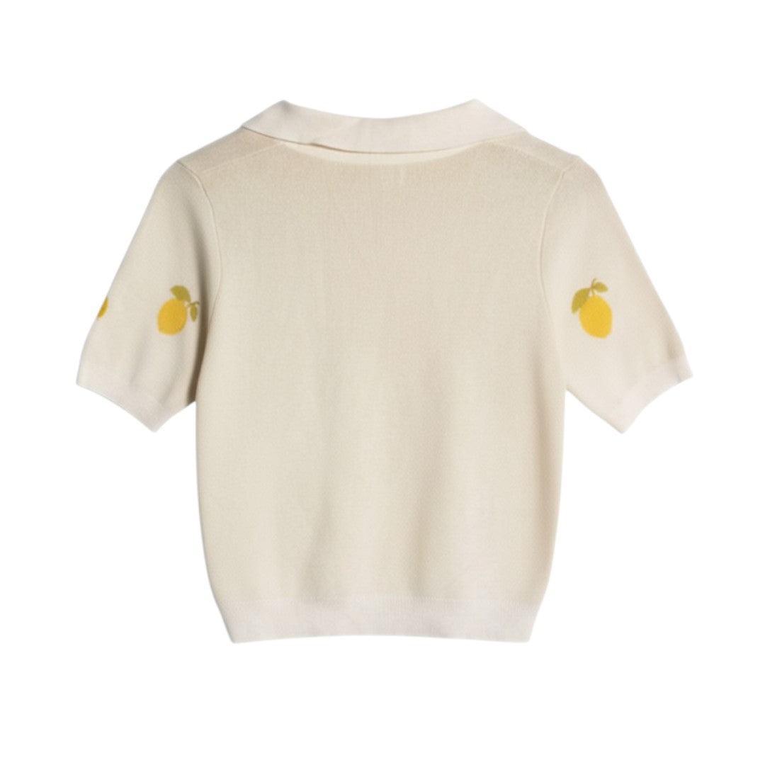 Cream Short Sleeve Button-Up Shirt with Lemon Print