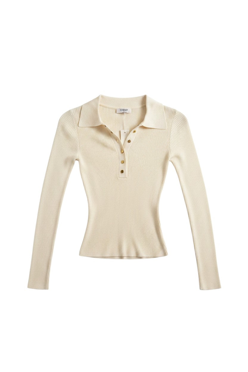 Cream Long Sleeve Polo Top with Button Detail
