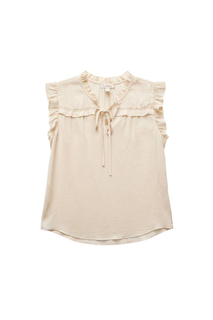 Cream Short Sleeve Ruffled Blouse with Tie Detail