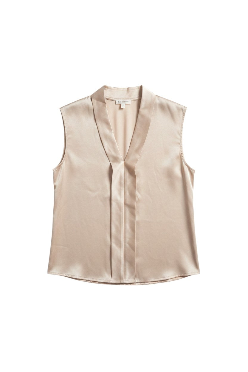 Cream Sleeveless Button-Up Top with Satin Finish