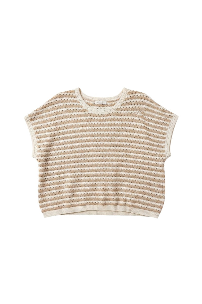 Cream Short Sleeve Knit Top with Striped Detail