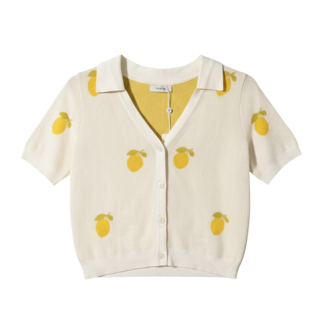 Cream Short Sleeve Button-Up Shirt with Lemon Print