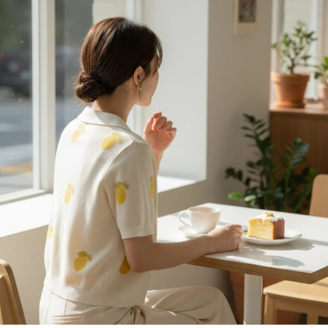 Cream Short Sleeve Button-Up Shirt with Lemon Print