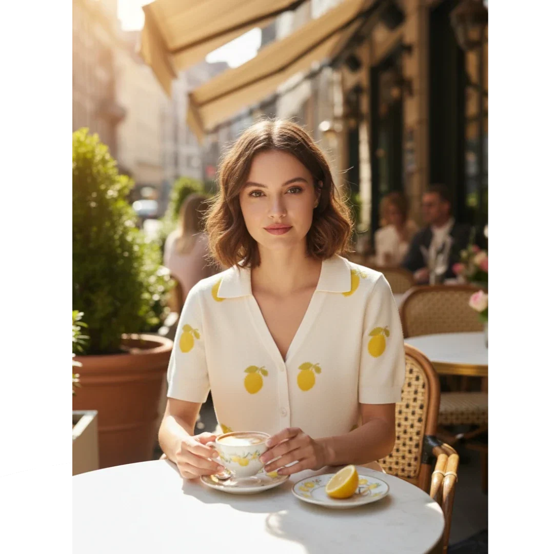 Cream Short Sleeve Button-Up Shirt with Lemon Print