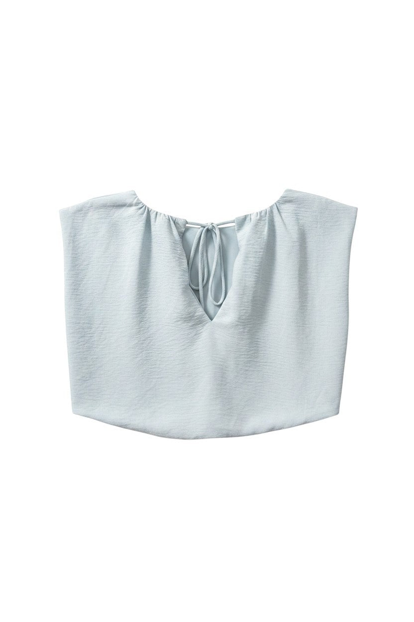 Light Blue Short Sleeve Blouse with Gathered Neckline