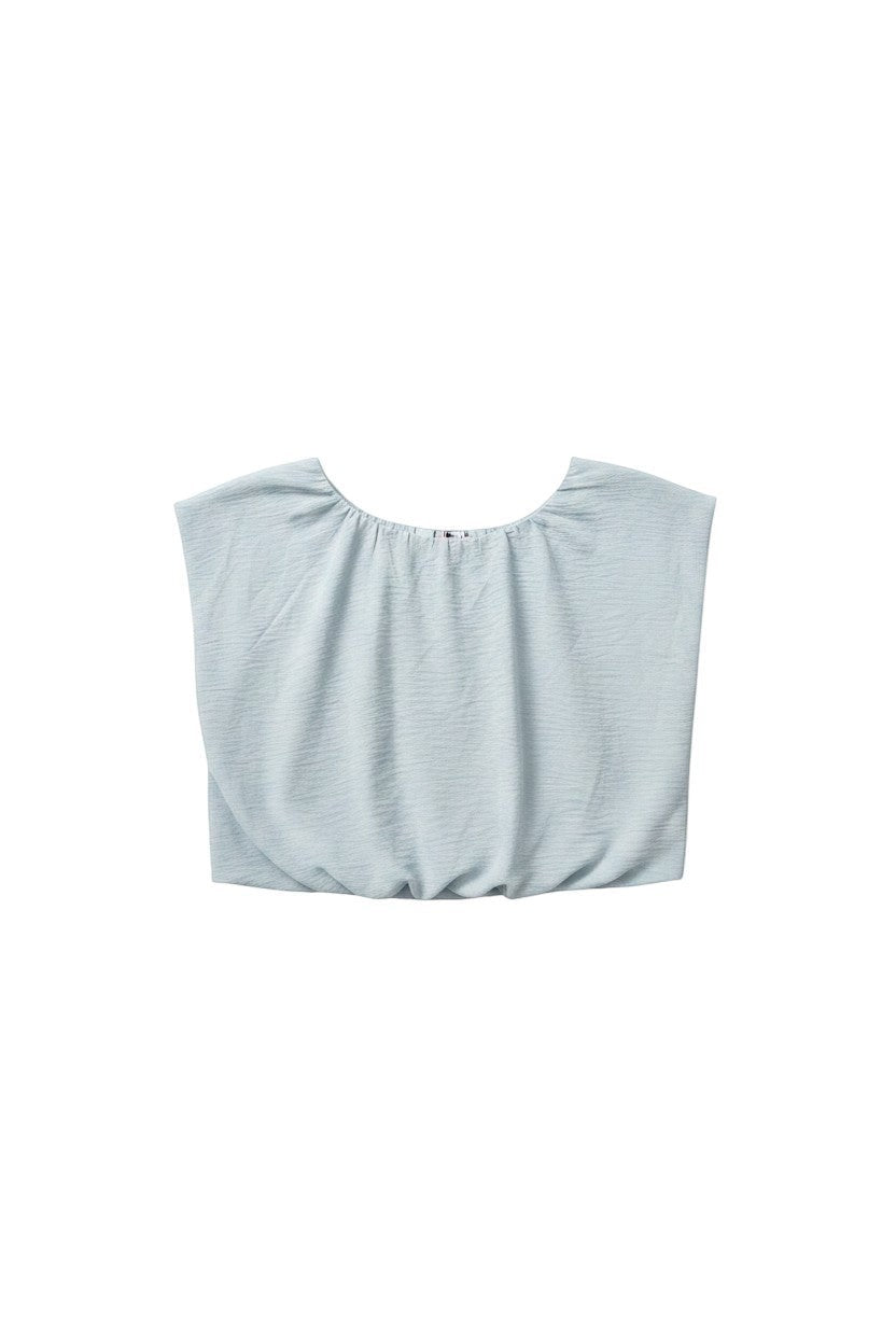 Light Blue Short Sleeve Blouse with Gathered Neckline