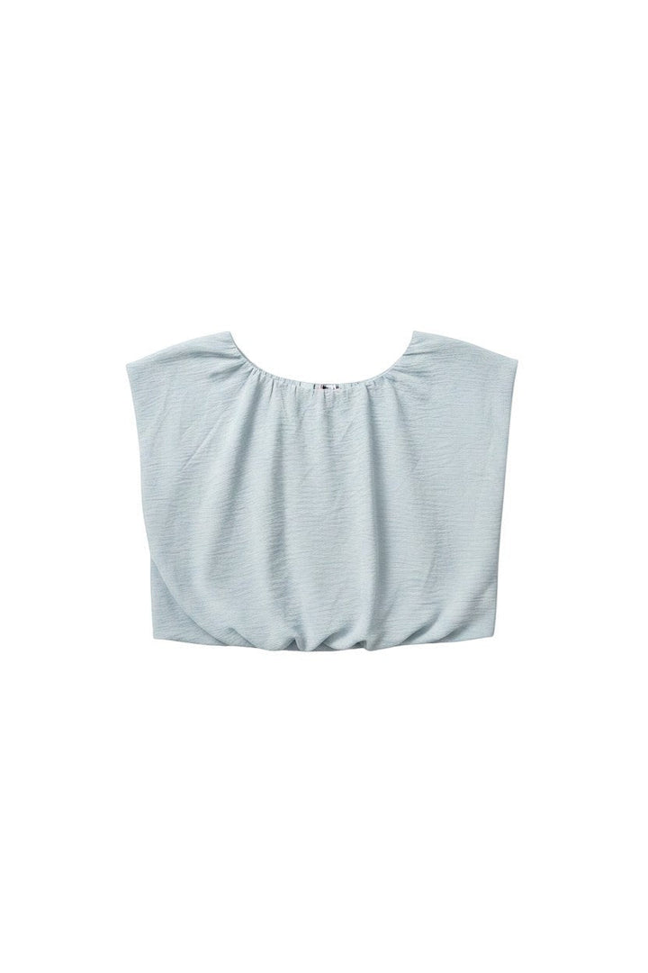 Light Blue Short Sleeve Blouse with Gathered Neckline
