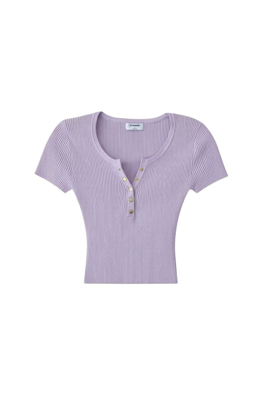 Lilac Short Sleeve Ribbed Top with Button Detail