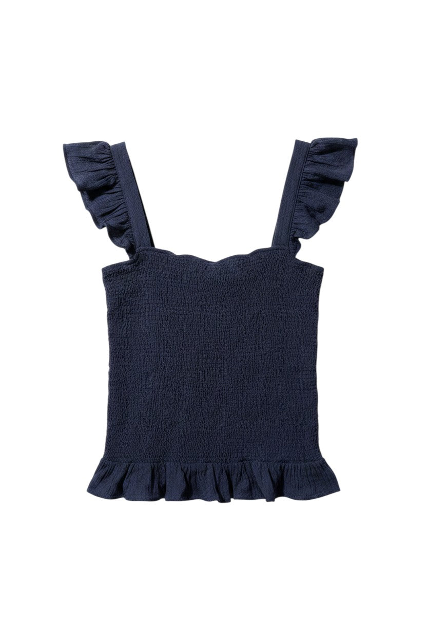 Navy Sleeveless Ruffled Top with Flutter Sleeves