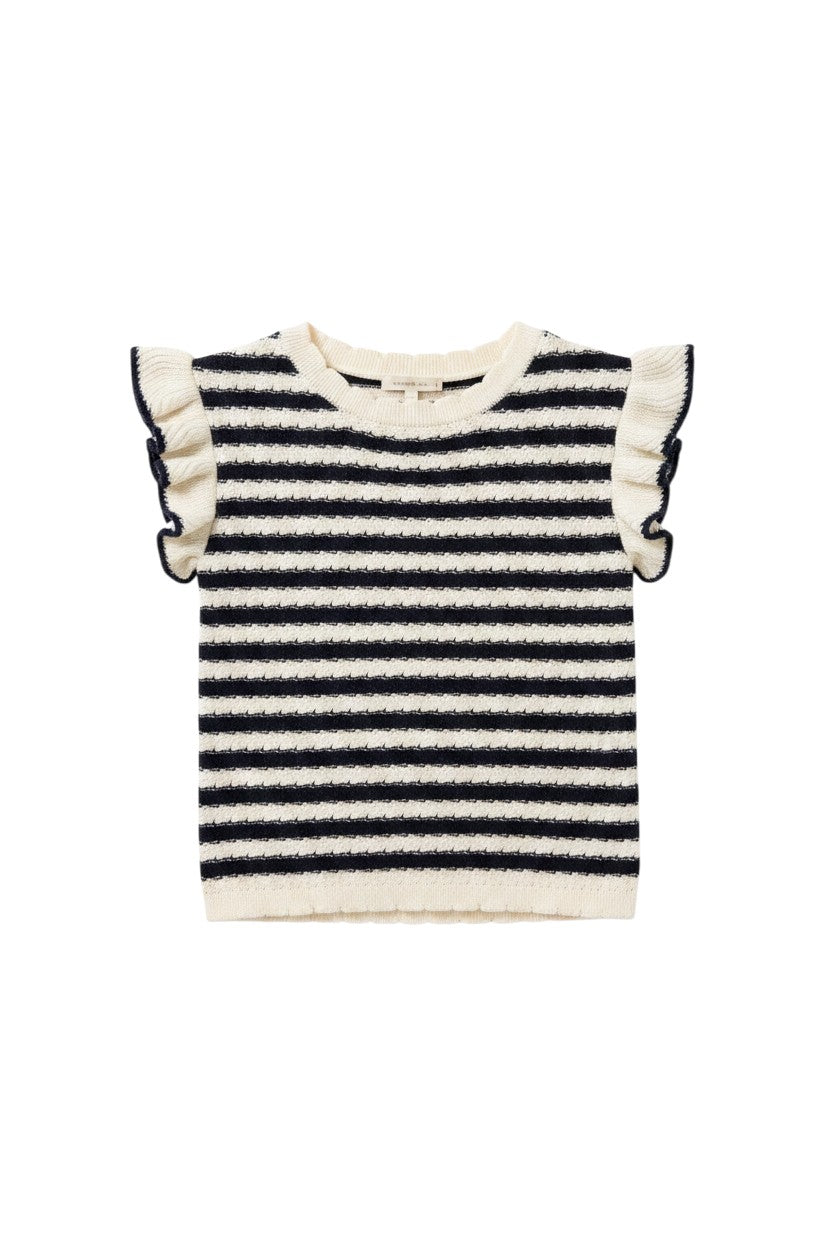 Navy Striped Short Sleeve Sweater with Ruffle Detail