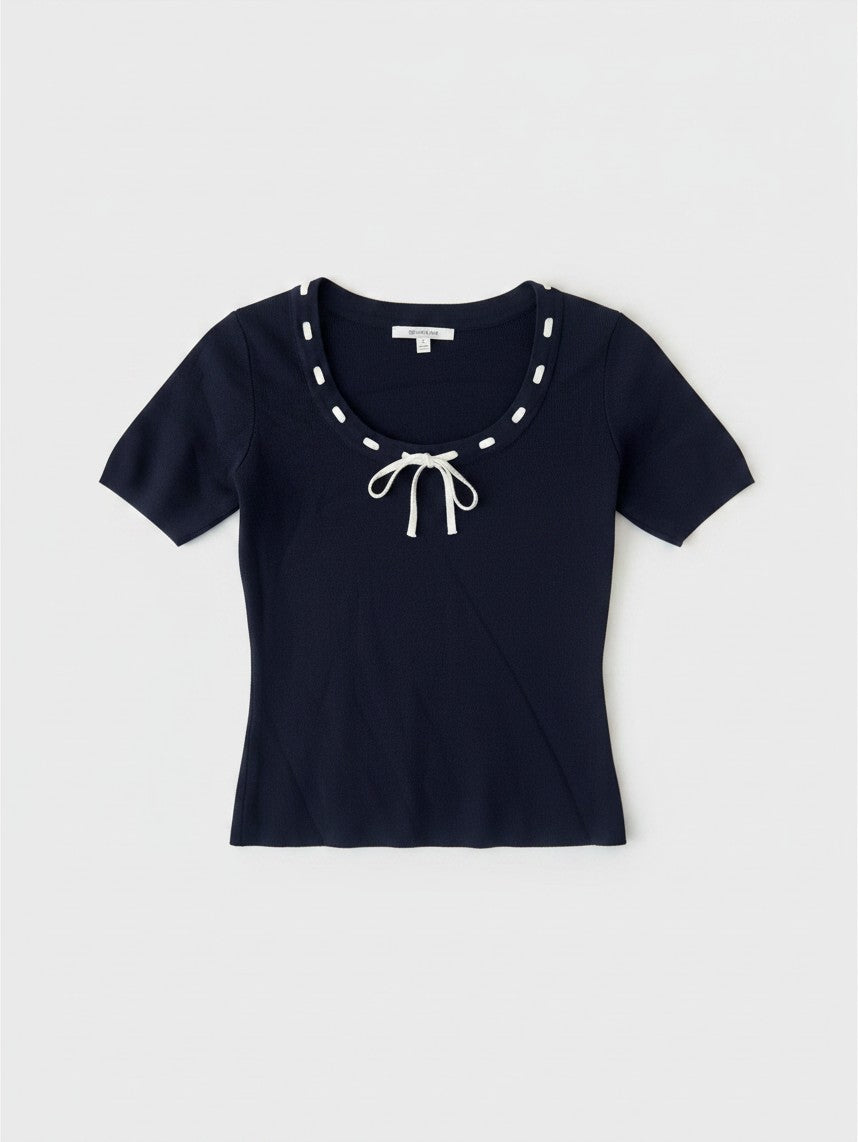Navy Short Sleeve Top with Decorative Tie Detail