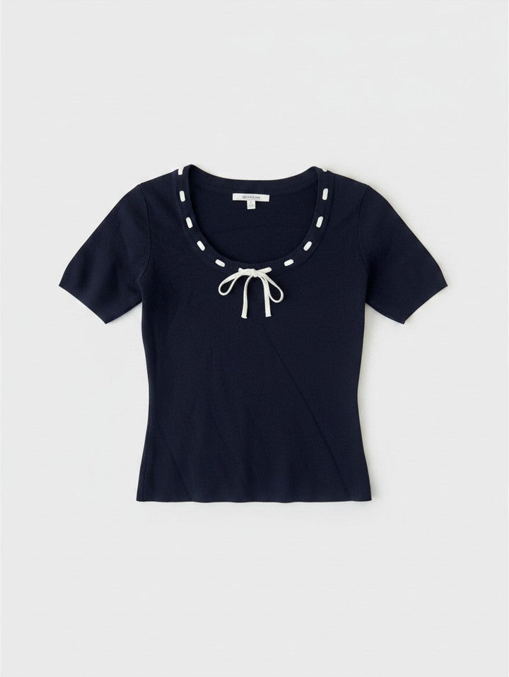 Navy Short Sleeve Top with Decorative Tie Detail