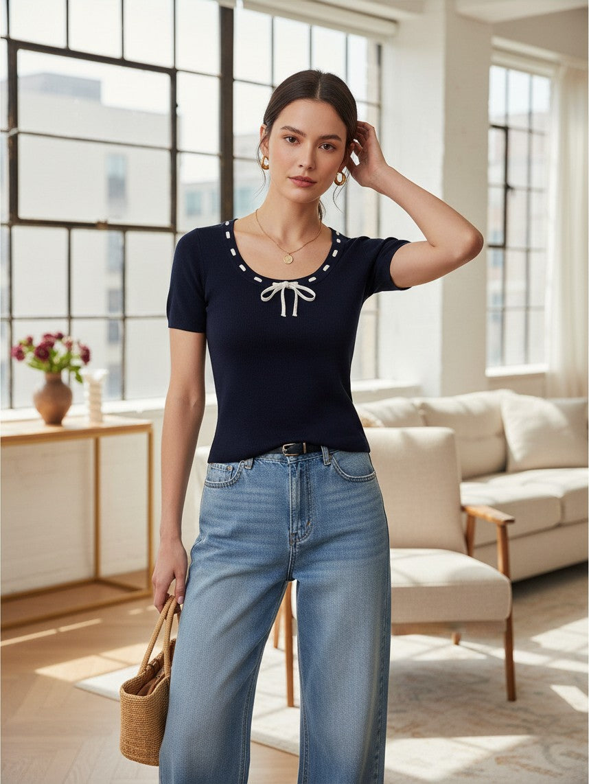 Navy Short Sleeve Top with Decorative Tie Detail