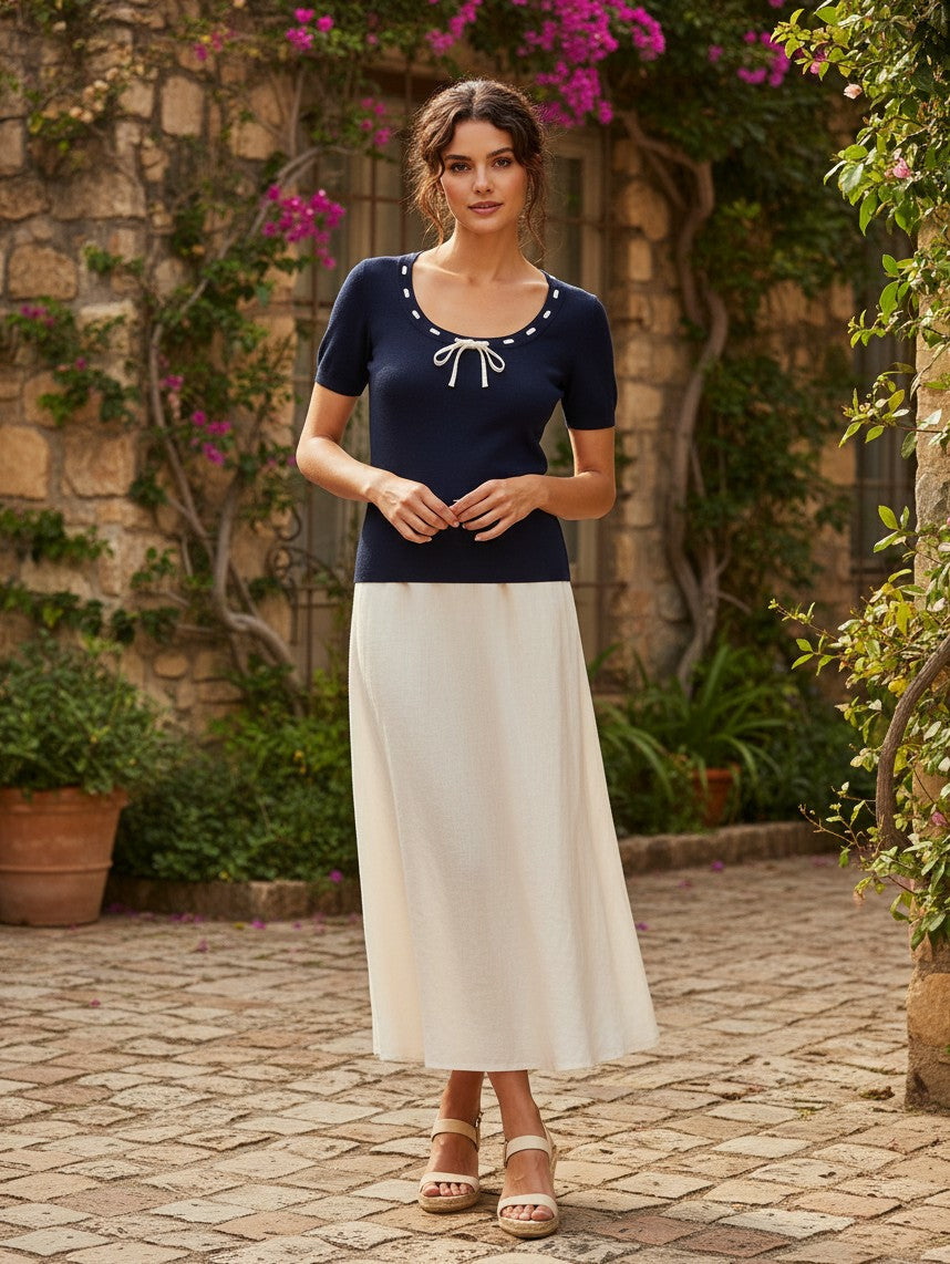 Navy Short Sleeve Top with Decorative Tie Detail