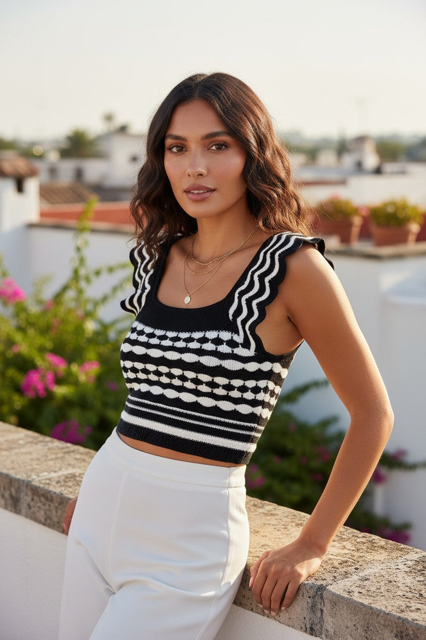 Navy & White Scalloped Crop Top with Patterned Knit