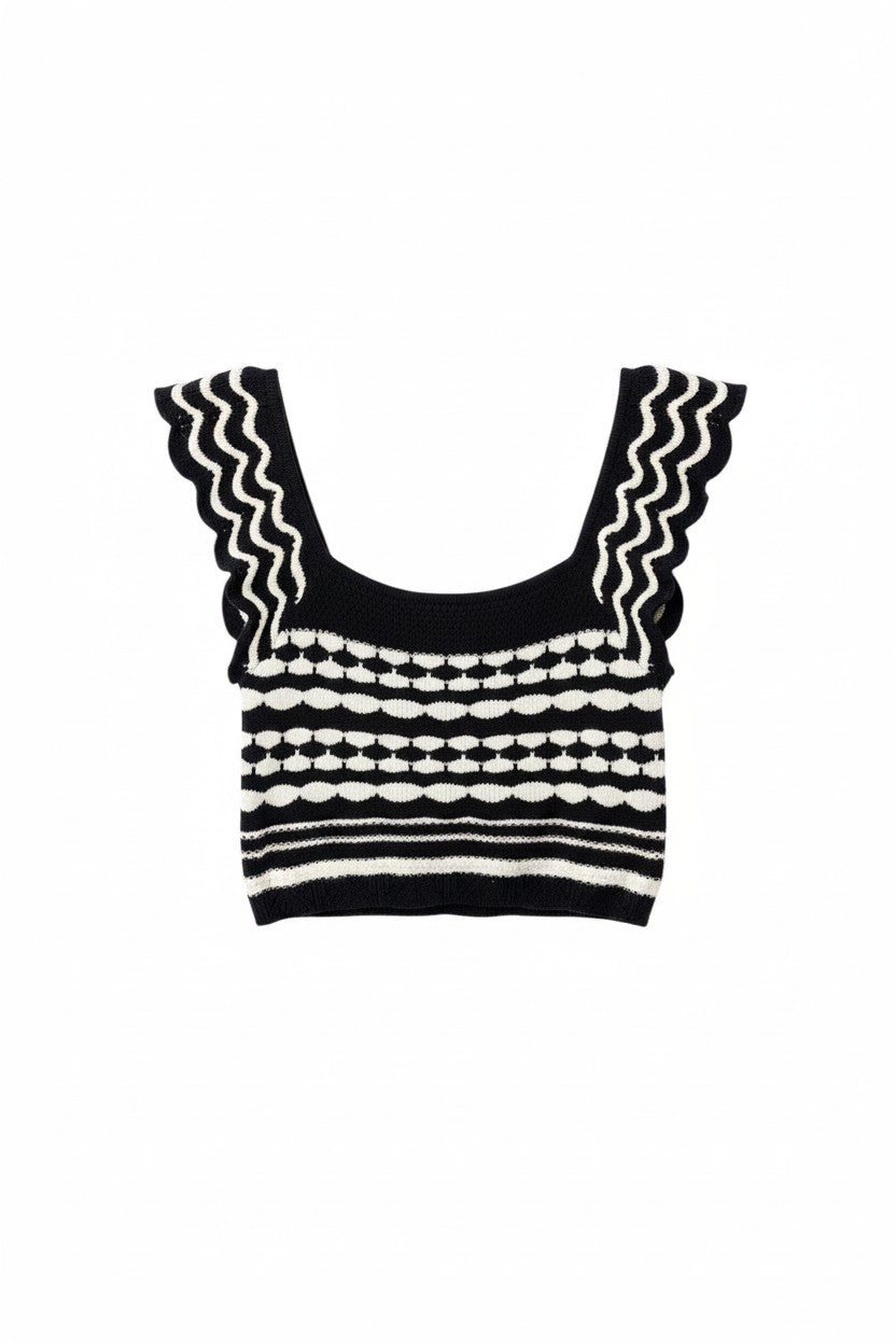 Navy & White Scalloped Crop Top with Patterned Knit