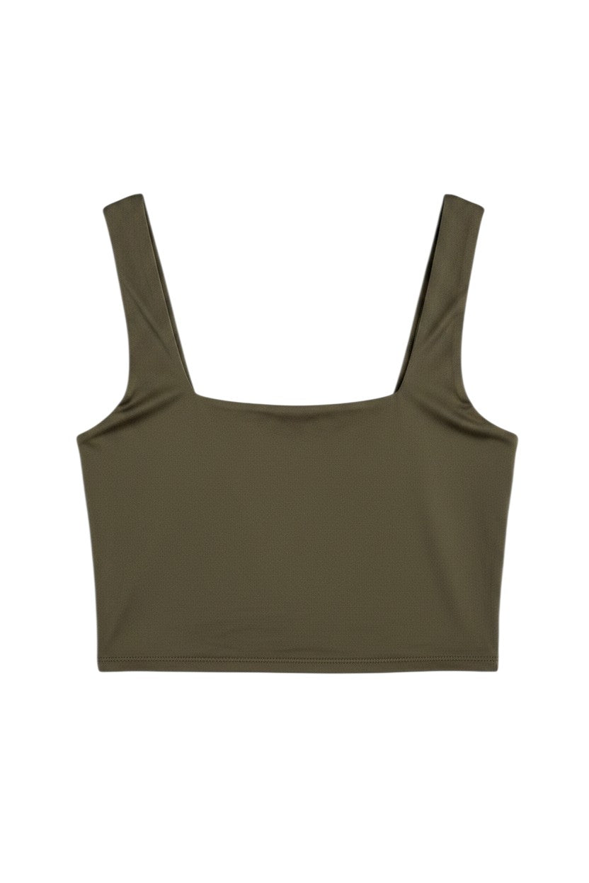 Olive Sleeveless Crop Top with Square Neckline