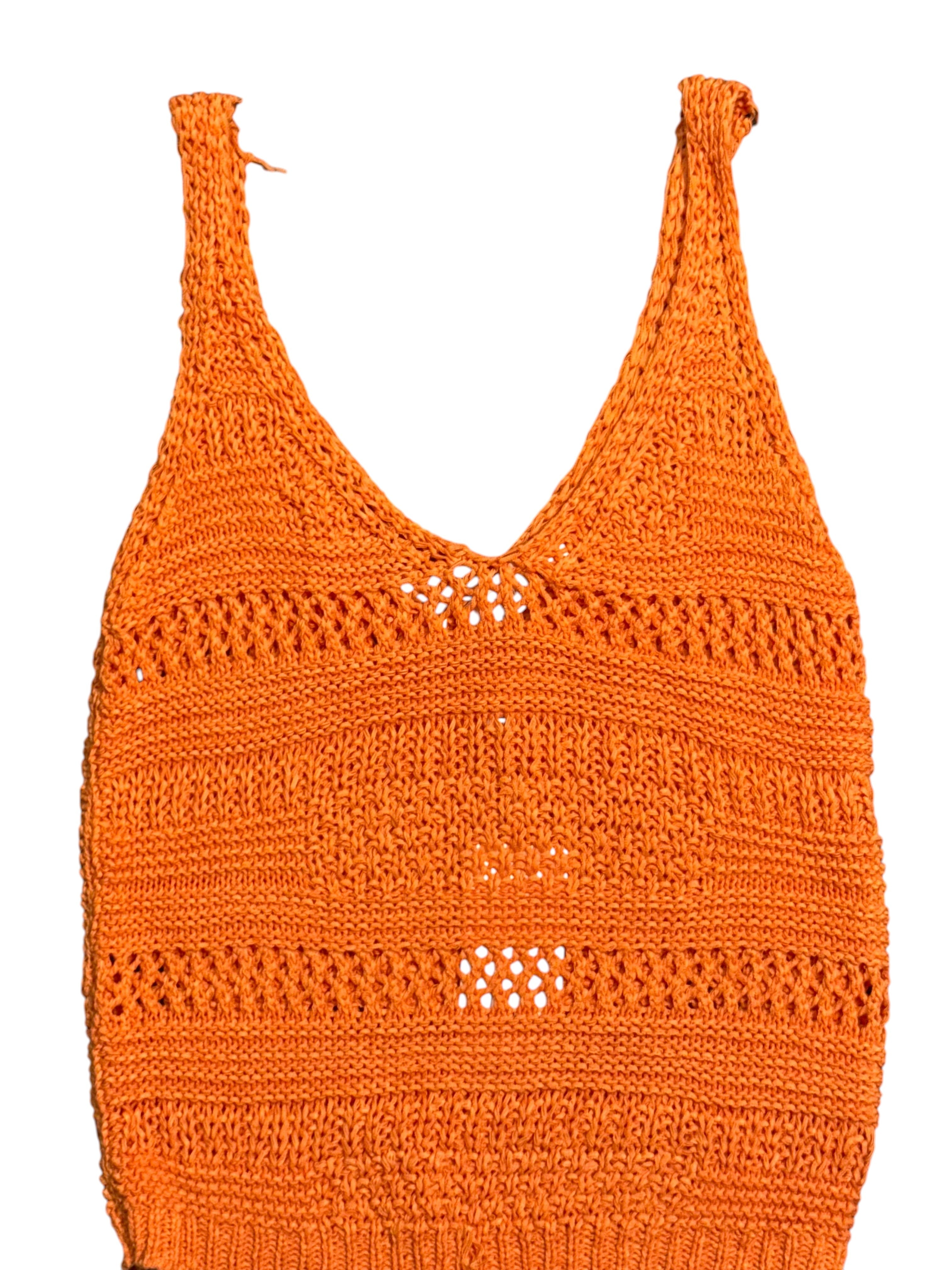 Orange Spaghetti Strap Crochet Top with V-Neck