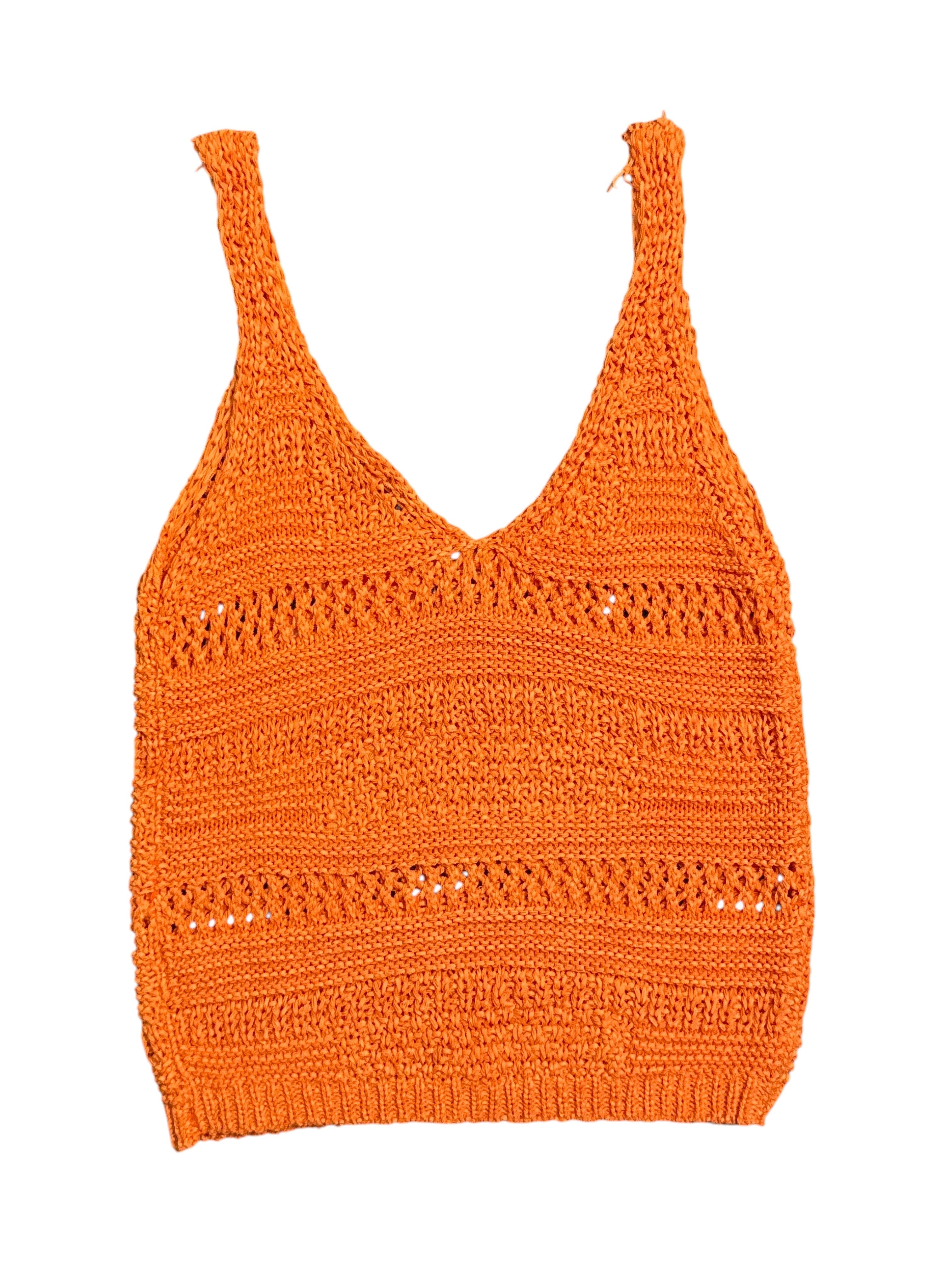 Orange Spaghetti Strap Crochet Top with V-Neck