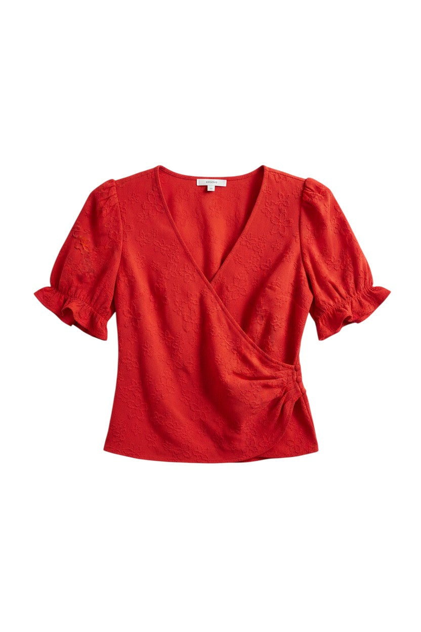 Red Short Sleeve Wrap Top with Ruffle Detail