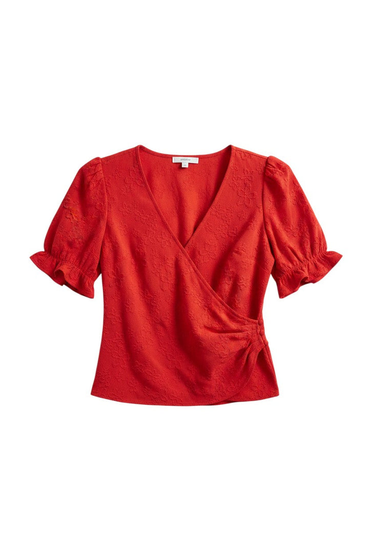 Red Short Sleeve Wrap Top with Ruffle Detail