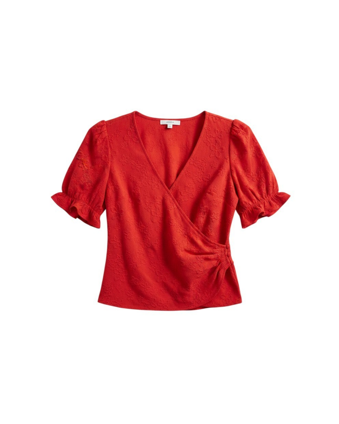 Red Short Sleeve Wrap Top with Ruffle Detail