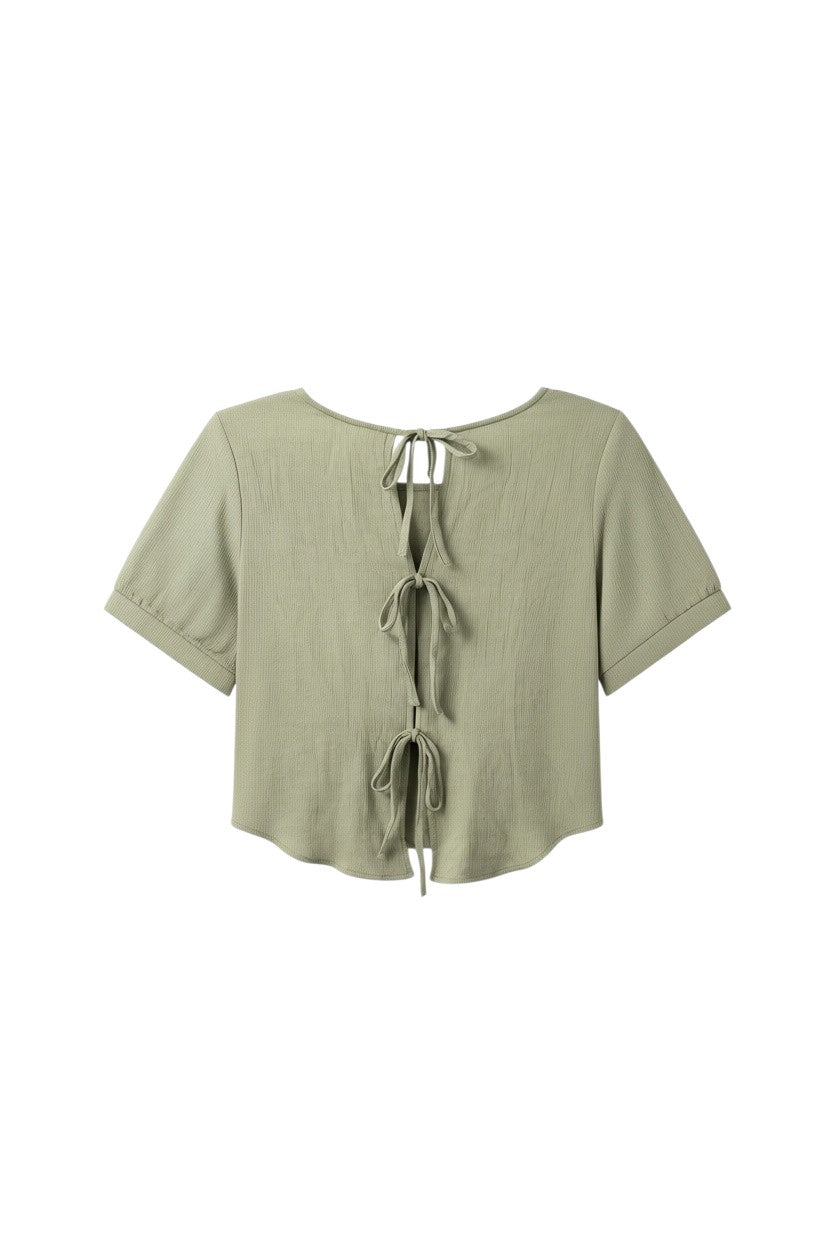 Sage Green Short Sleeve Blouse with Tie Detail