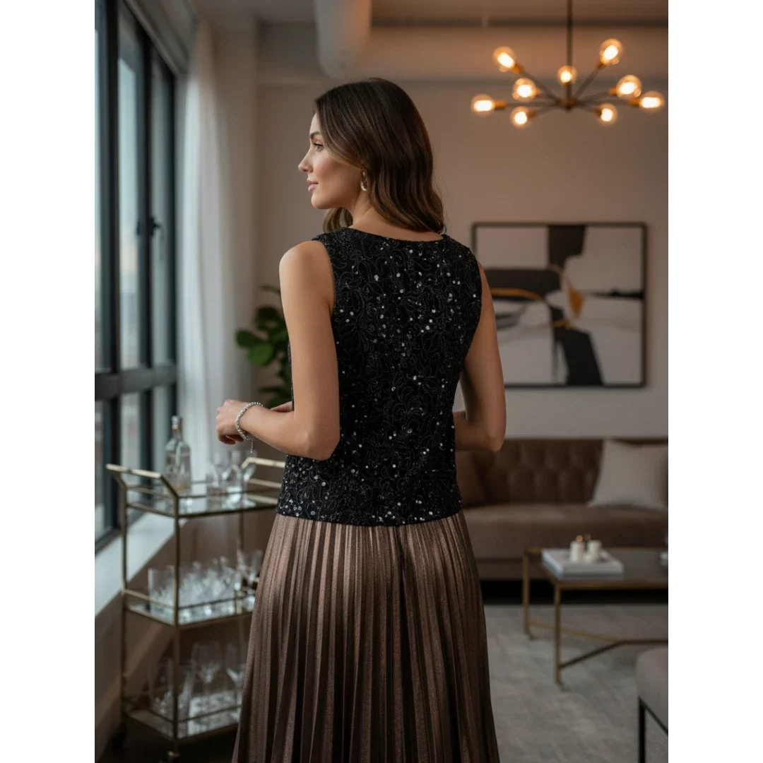 Black Sleeveless Sequin Top with Silver Pleated Skirt