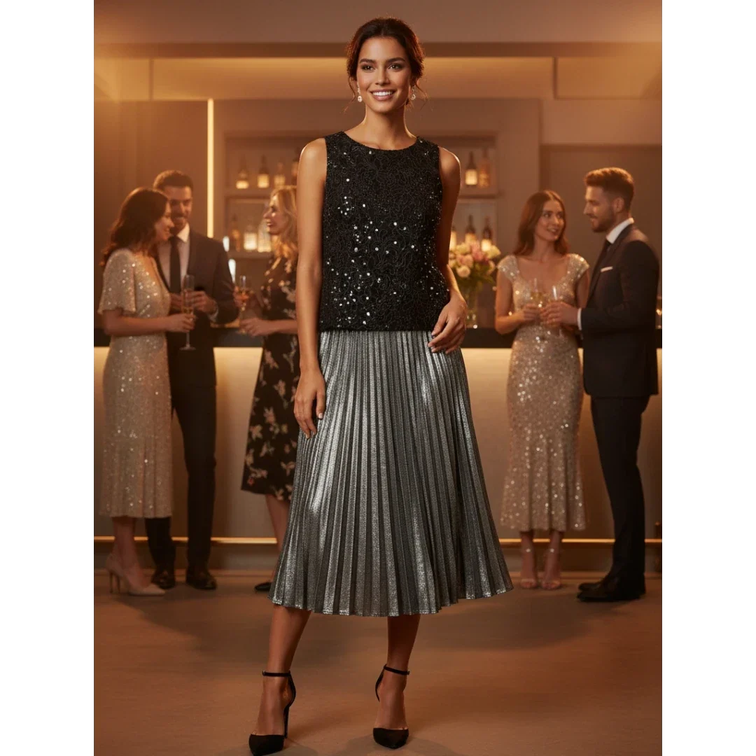 Black Sleeveless Sequin Top with Silver Pleated Skirt