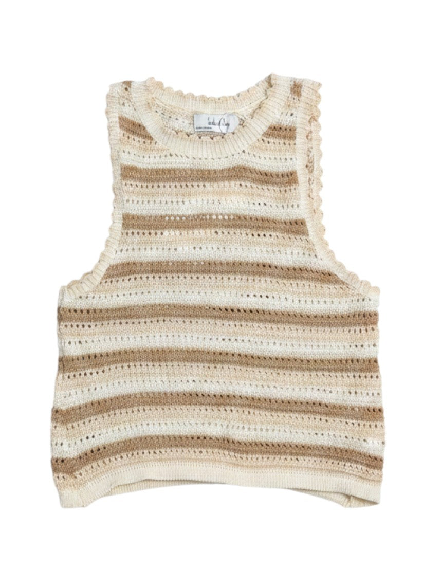 Beige Crochet Sleeveless Top with Lace Trim