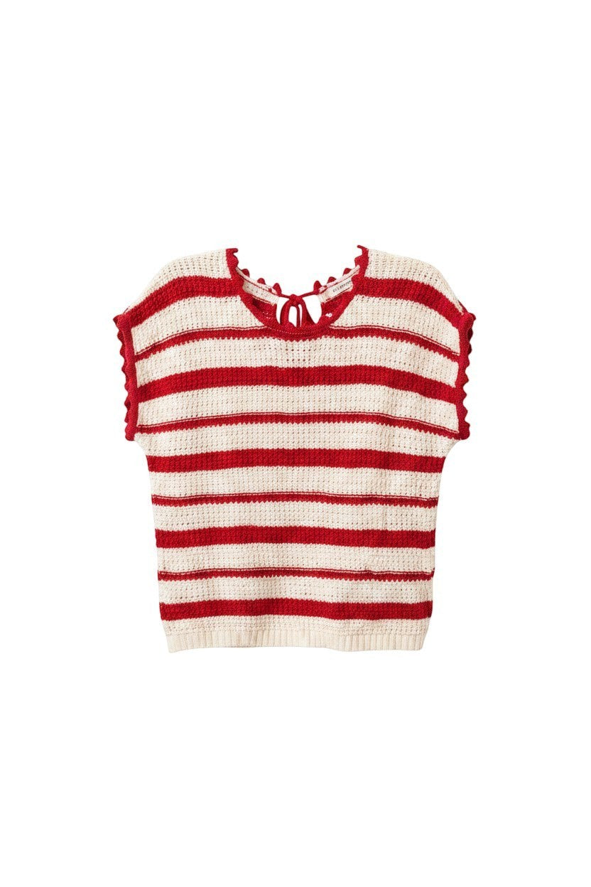 Cream Striped Short Sleeve Sweater with Ruffle Trim