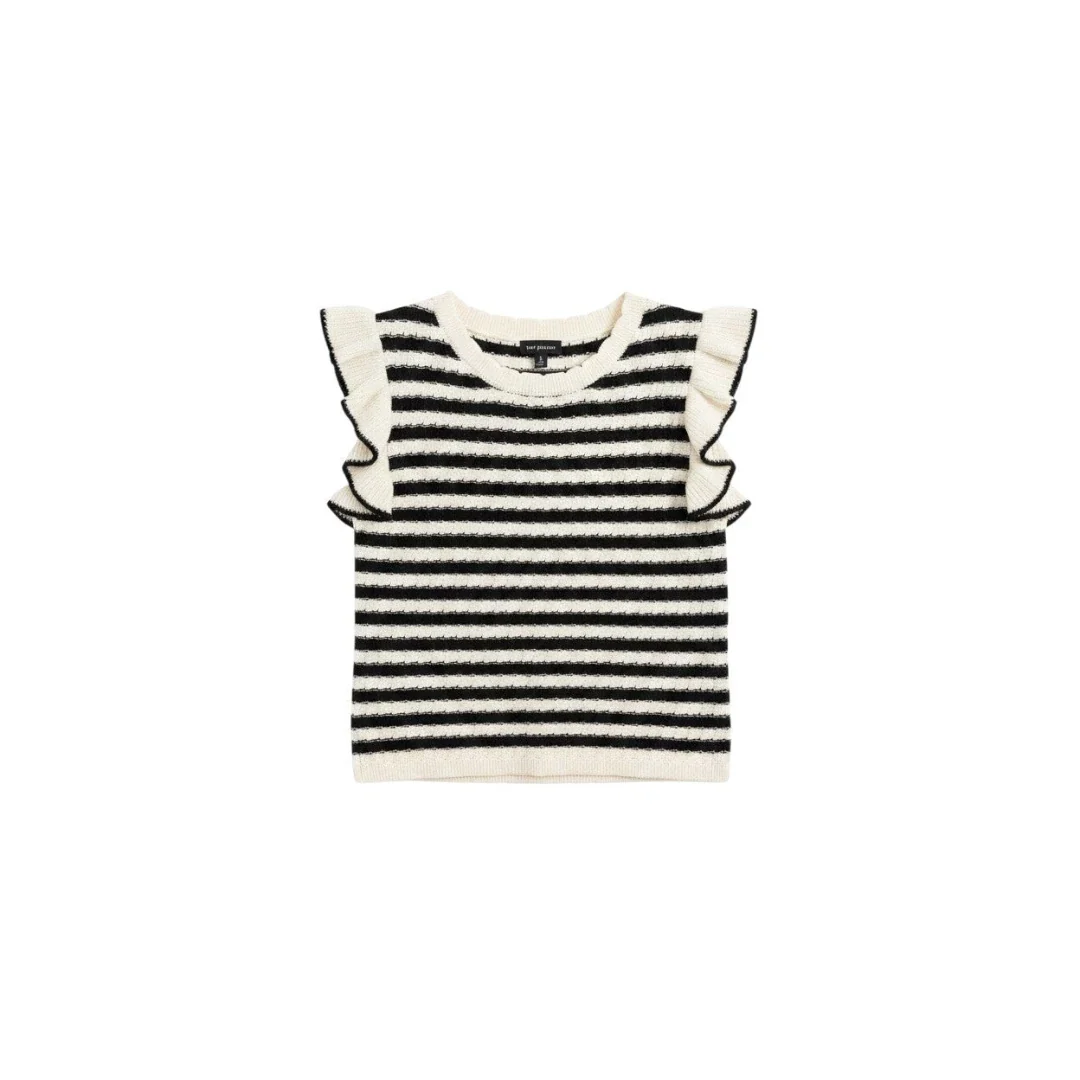 Black and White Striped Knit Top with Ruffle Sleeves
